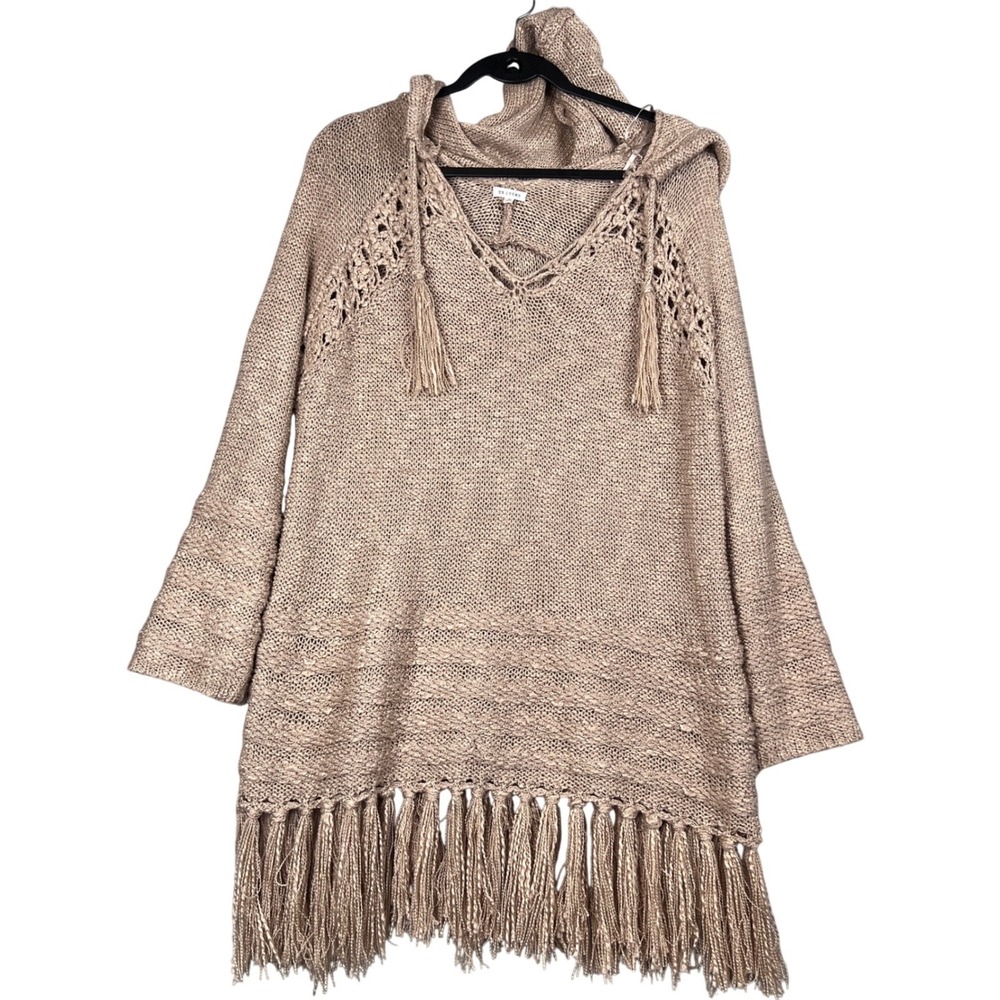 En Creme Women Crochet Sweater Boho  Hooded Tunic Fringe‎ Tassels Size S